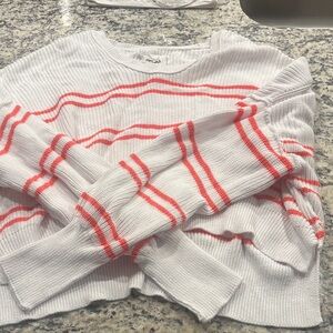 Aerie White and Red Striped Crew Neck Sweater